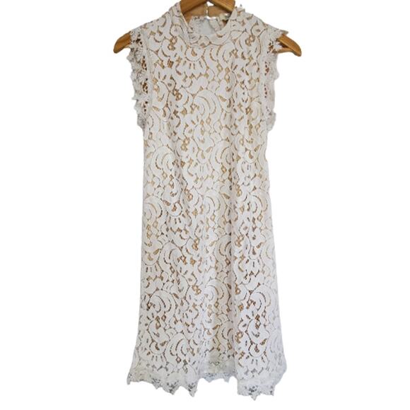 Francesca's White/Tan Crochet High Neck Open Back Dress Small - Picture 3 of 11